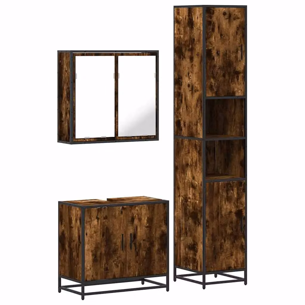 Berkfield Home 3 Piece Industrial Bathroom Furniture Set in Brown Smoked Oak – 1