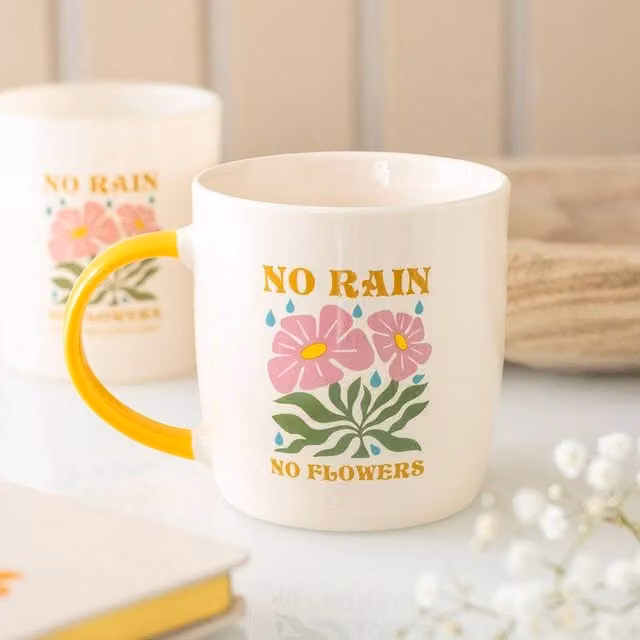 Uniqueful No Rain No Flowers Ceramic Mug in Yellow and Multicolour, 370 ml