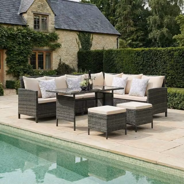 Home Garden Direct Thalia Corner Sofa Set with Glass Top in Beige and Grey Rattan