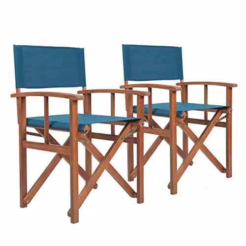 Charles Bentley Pair of FSC Treated Hardwood Folding Directors Chairs in Petrol Blue – 1