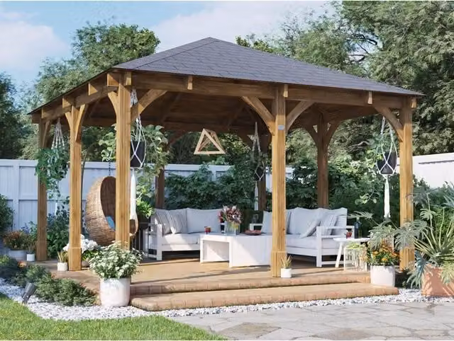 Dunster House Leviathan Heavy Duty Wooden Gazebo with Hip Roof and Bitumen Shingles, Brown, 4 x 4 m