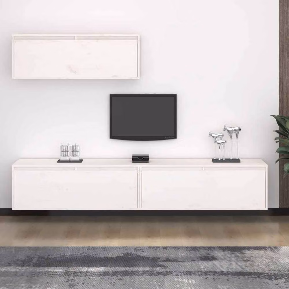 Berkfield Home 3-Piece White Solid Pine TV Cabinet Set Including Wall Cabinet and Lowboard – 2