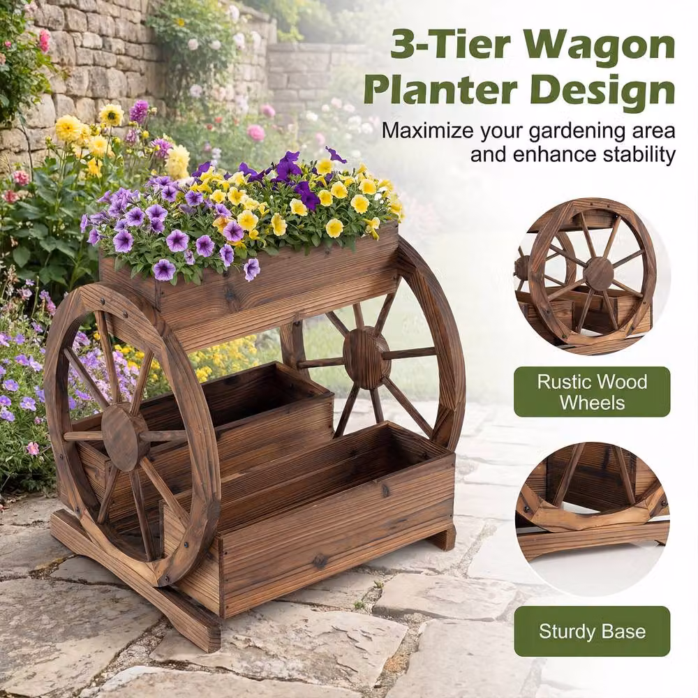 Costway Rustic Wood 2-tier Raised Garden Bed Wagon Planter with 3 Growing Boxes in Brown – 5