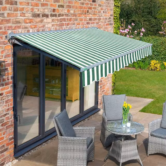 Primrose Semi-Cassette Electric Retractable Awning with Green and White Stripes and Charcoal Aluminium Frame, Width: 300 cm