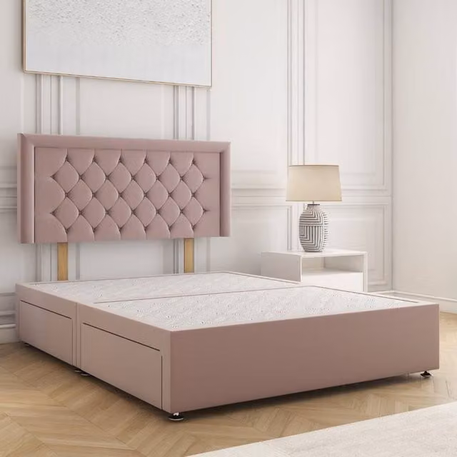 BSSPOKE Nova Plush Velvet Divan Bed with 24 inch Headboard in Pink, King Size, W/D/H: 180 x 200 cm