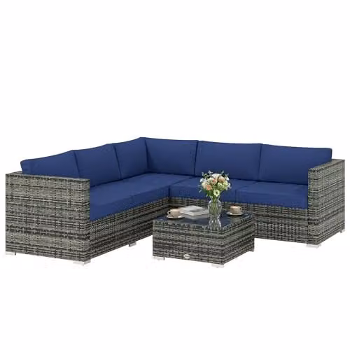 Outsunny 4 Piece Blue Rattan Garden Furniture Set with L-Shape Corner Sofa, 2-Seater Sofa, Coffee Table and Upholstered Cushions
