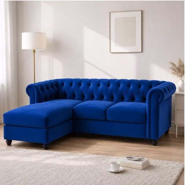 Sofaya Hampton 3 Seater L Shape Chesterfield Sofa in Blue Velvet with Left Hand Chaise