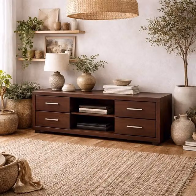 Wyld Haus Sonderborg Wide TV Cabinet in Dark Brown Wood Veneer with 4 Drawers, W: 140.0 cm, D: 45.3 cm, H: 44.0 cm