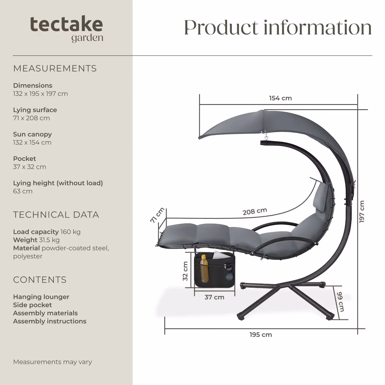 tectake Elaria Hanging Chair with UV-Protection Sun Canopy in Grey – 6