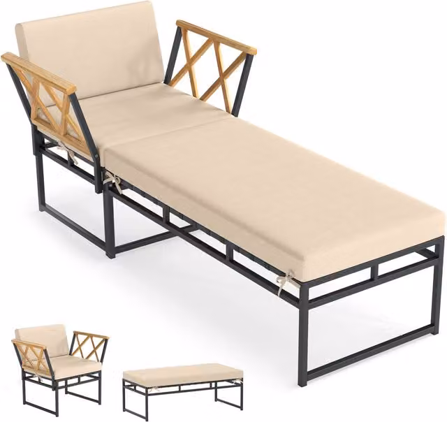 Costway 2 Piece Patio Furniture Set with Acacia Wood Armchairs and Matching Ottoman in Brown and Beige