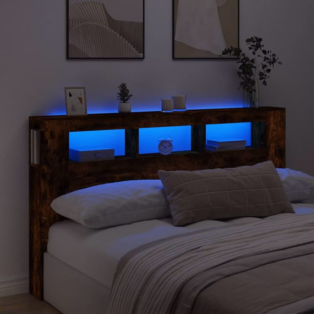 Berkfield Home LED Headboard in Smoked Oak Brown, W: 180 cm, D: 18.5 cm, H: 103.5 cm – 2