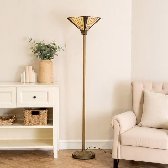 ValueLights Tiffany Vintage Floor Lamp in Antique Brass and Multicolour Glass