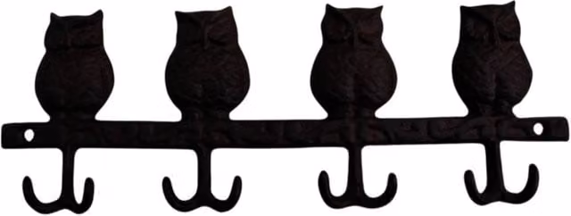 Four Candle Rustic Cast Iron Owl Coat Hook Rack in Brown, W: 30 cm
