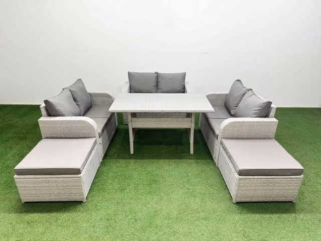 Fimous 8 Seater PE Wicker Rattan Garden Furniture Set in Light Grey with Rectangular Glass Dining Table, 2 Seater Love Sofa and 2 Large Footstools