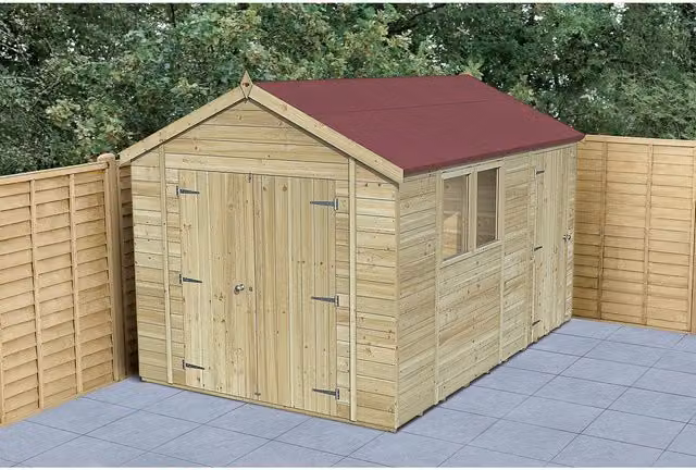 Forest Garden Timberdale Pressure Treated Apex Shed in Brown and Yellow Wood with Base