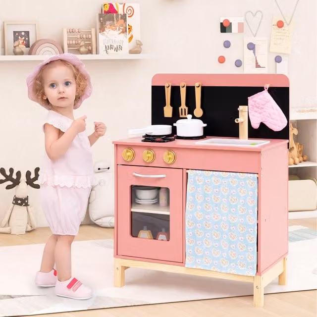 Costway Kids Montessori Wooden Kitchen Playset in Pink