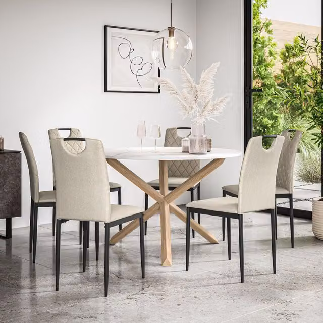 More4Homes Malvern Round Dining Table and 6 Monza Fabric Chairs Set, Marble Top with Solid Oak Legs, Beige and White