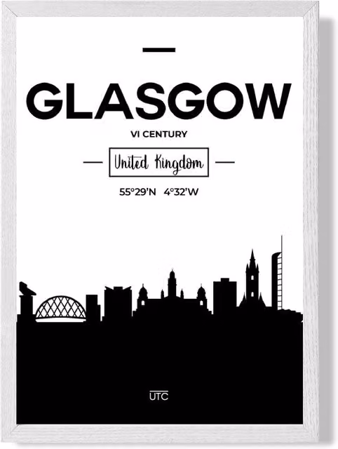 ARTZE Glasgow Black and White City Skyline Framed Print with White Frame