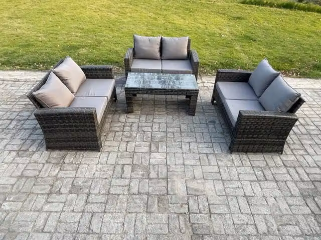 Fimous 6 Seater Rattan Wicker Garden Furniture Set with Coffee Table and Upholstered Cushions in Dark Grey