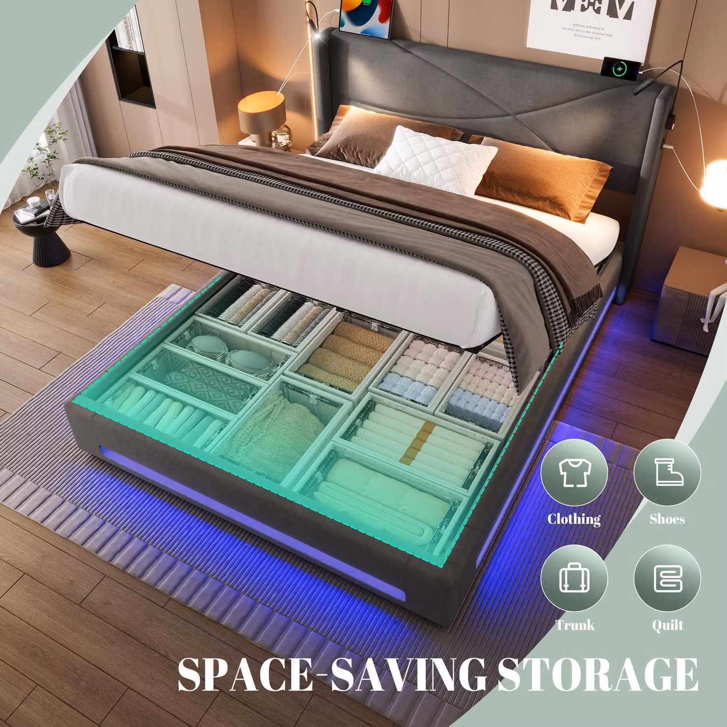 Aosom UK Modern Platform Bed with Hydraulic Lift System, Dark Grey Velvet Upholstered Bed Frame with Integrated Reading Lamps and USB Ports, W/D/H: 157 x 209 x 106 cm – 6