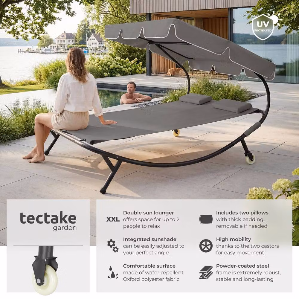 tectake Livorno 2 Seater Sun Lounger with Sun Canopy in Grey and Multicolour – 2