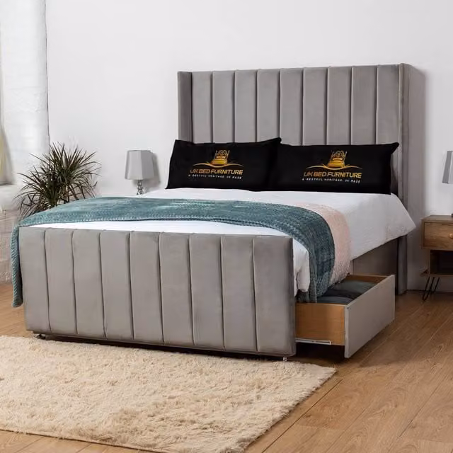 UK Bed Furniture Seoul Grey Velvet Wingback Divan Bed with 54 Inch Headboard and 2 Drawers, W/D/H: 180 x 200 cm