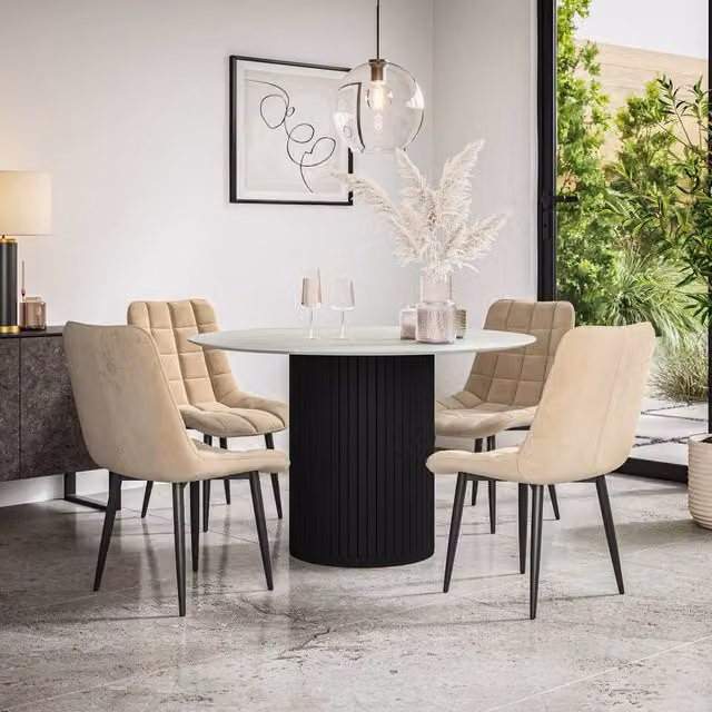 More4Homes Arlo Round White Marble Top Dining Table with Black Legs and 4 Nova Beige Velvet Dining Chairs Set, W/D/H: 120 x 120 x 75 cm