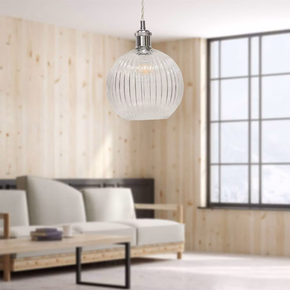 First Choice Lighting Betchley Retro Pendant Fitting with Transparent Ribbed Glass Sphere and Chrome Finish – 2