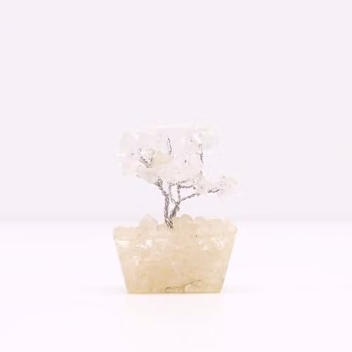 KDMD Mini Rock Quartz Gemstone Tree with Orgonite Base in White