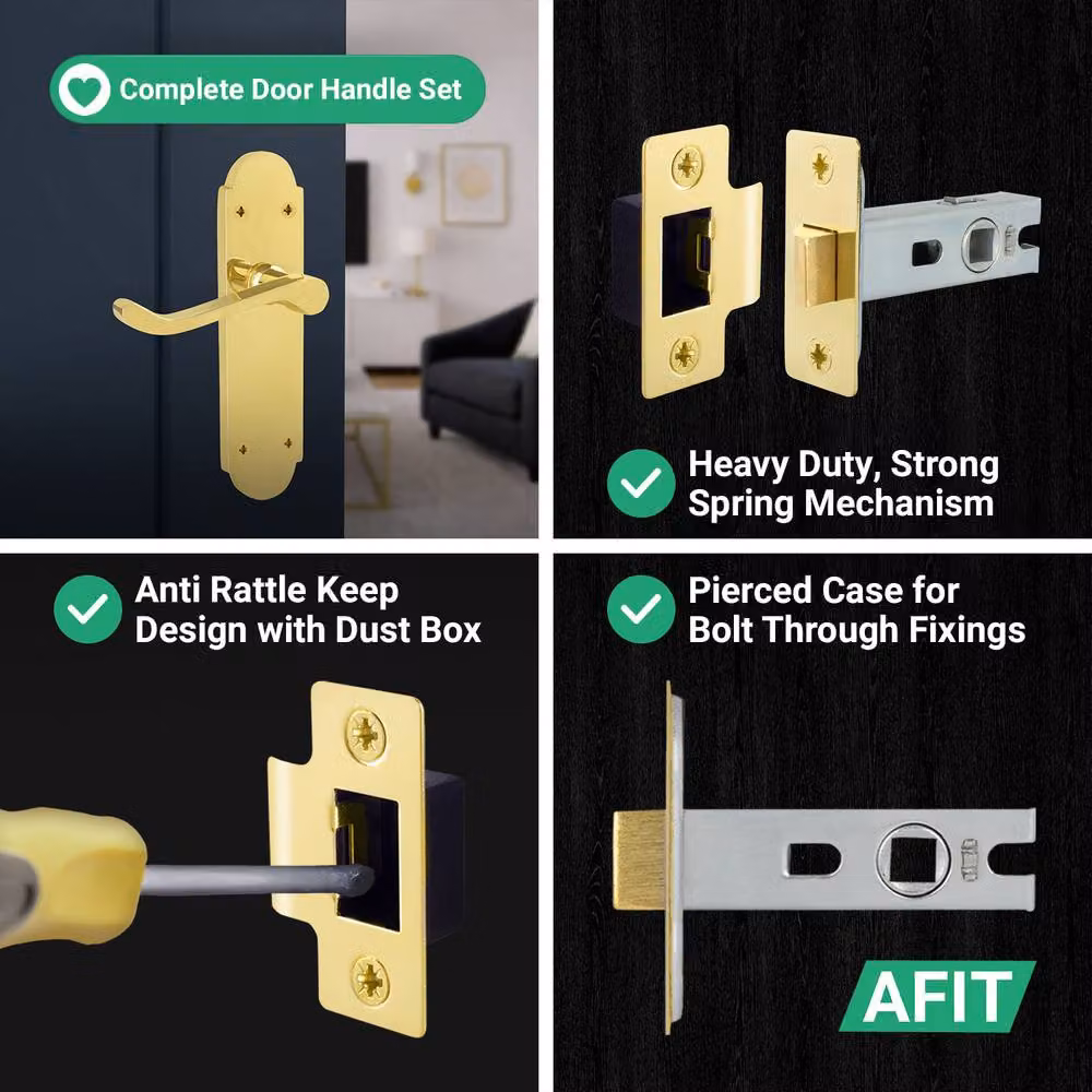 AFIT Polished Brass Door Handles with Latch, 1 Pair in Gold, W/D/H: 15 x 15 x 1.5 cm – 2