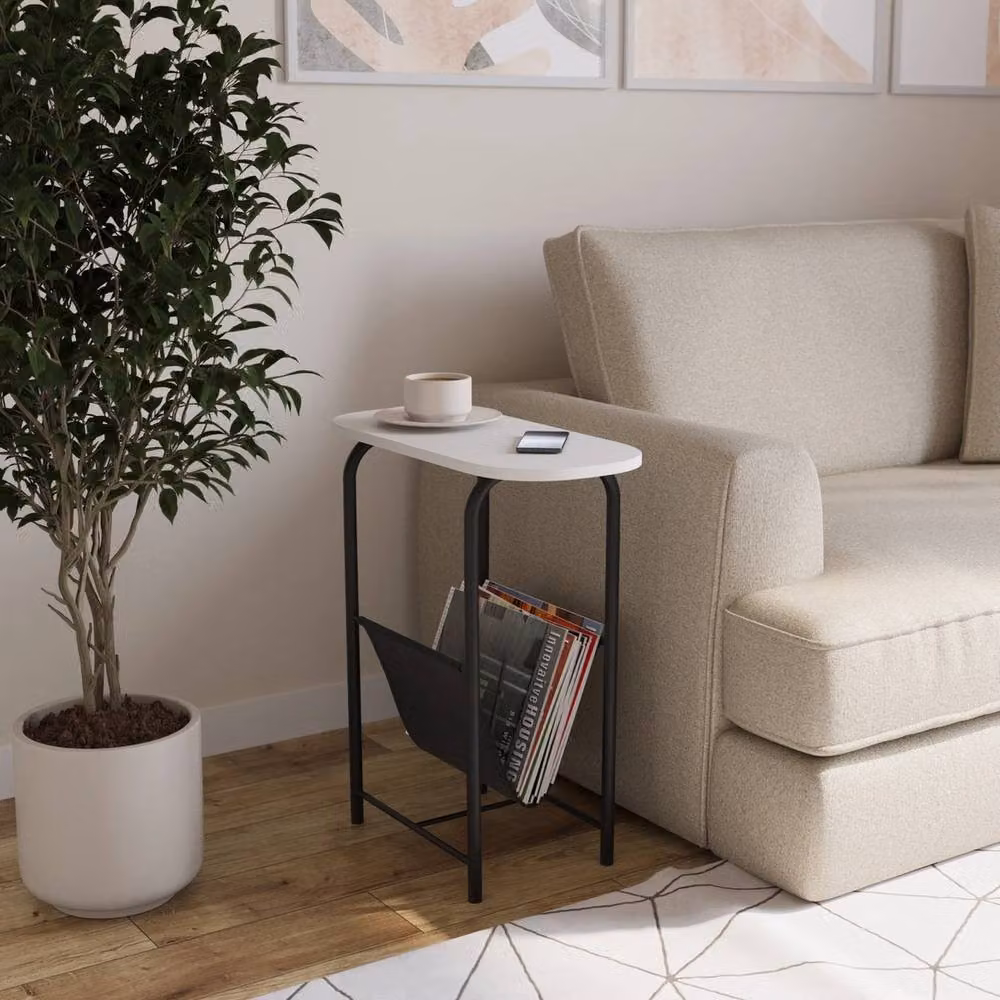 EONLION Slim Oval Side End Table with Magazine Holder Sling Rack in White – 2