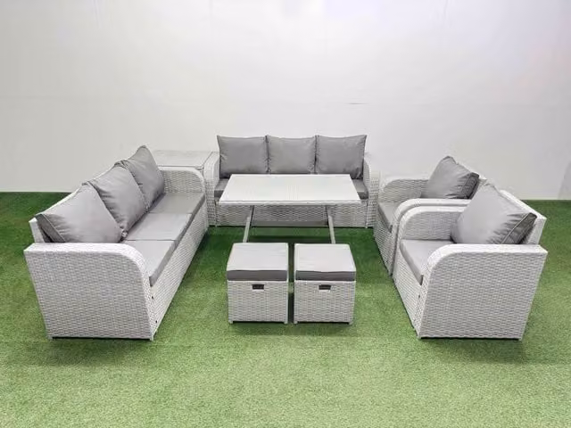 Fimous Rattan Lounge Sofa Set in Light Grey with Reclining Chairs, Ottoman and Side Table