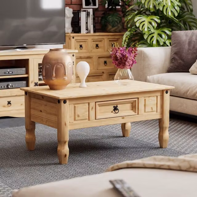 Vida Designs Rectangular Coffee Table with Drawer, Waxed Solid Pine Wood, Brown, W: 94 cm, D: 56 cm, H: 45 cm – 1