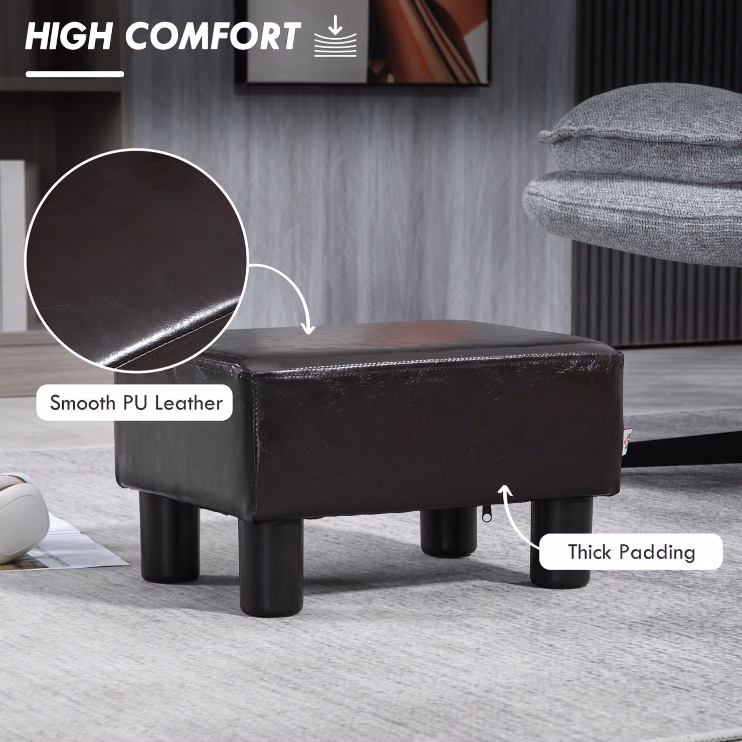 HOMCOM Black PU Leather Ottoman Cube Footstool, W: 45 cm, D: 45 cm, H: 45 cm – 4