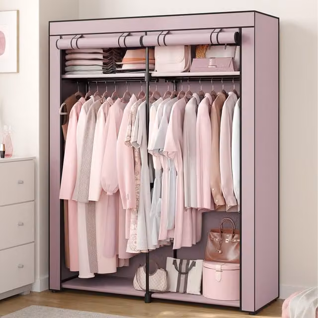 SONGMICS Pink Fabric Wardrobe with Clothes Rails and Internal Shelves