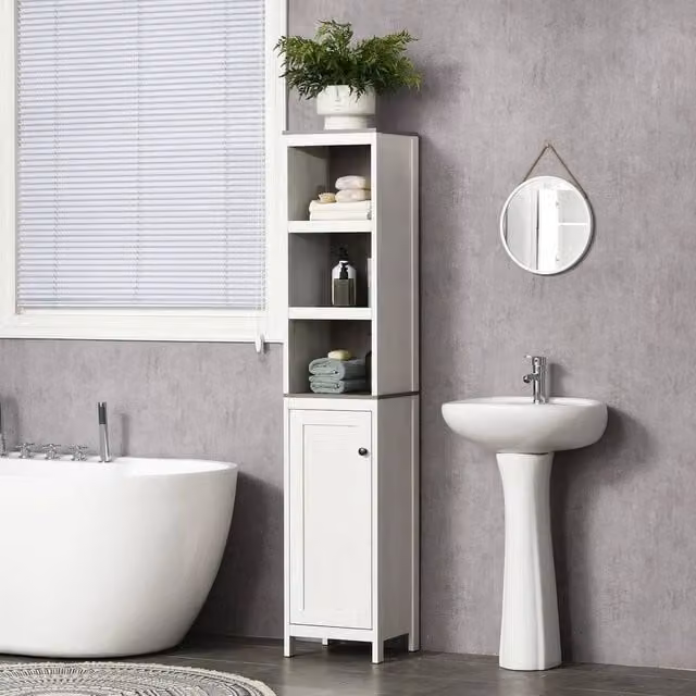 EONLION White Freestanding Modern Bathroom Storage Cabinet with Hinged Doors and Open Shelf