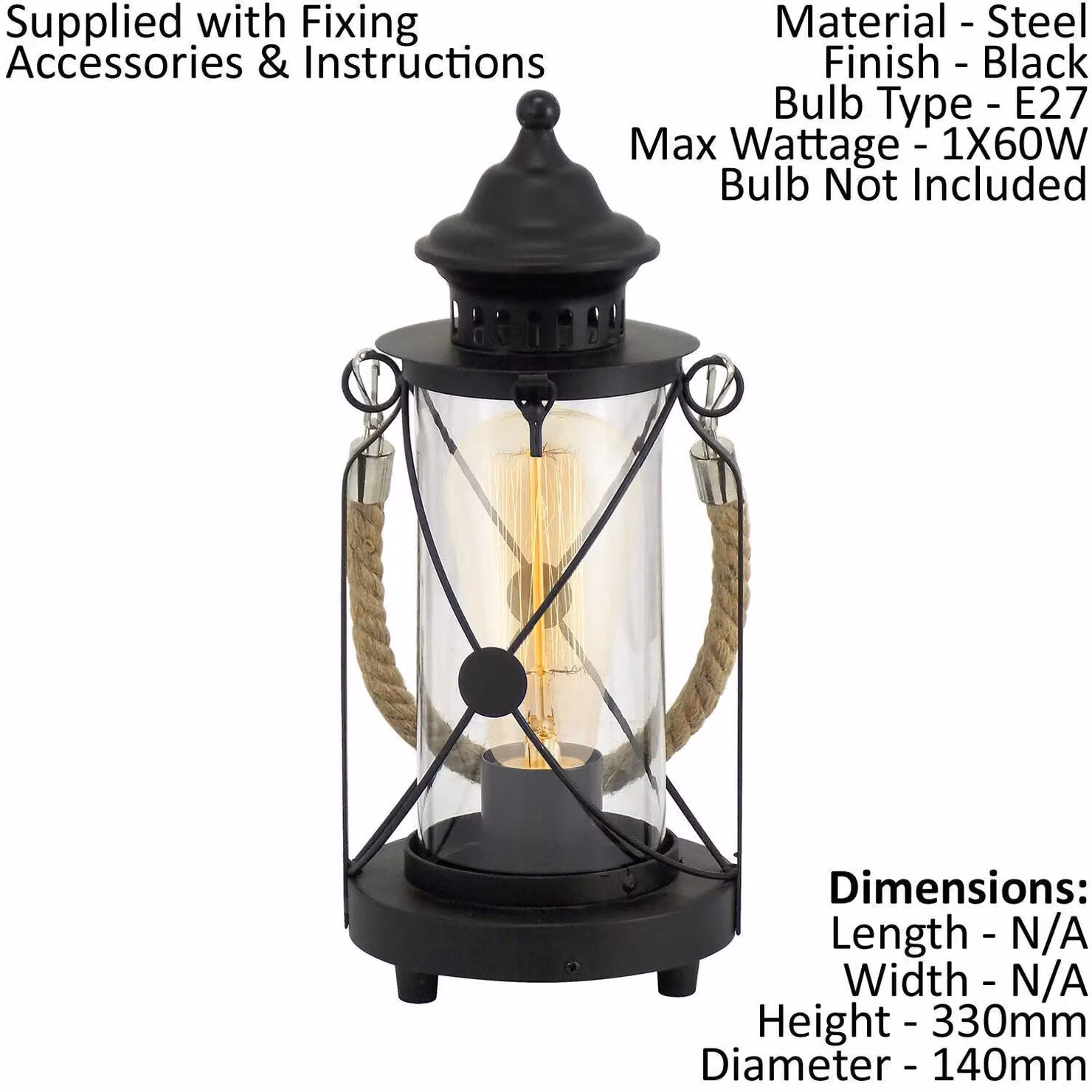 Loops Black Metal and Glass Lantern Table Lamp with E27 Bulb – 2