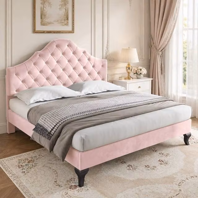 STILVORA Pink Velvet Upholstered Double Bed with Adjustable Headboard, W: 140 cm, D: 200 cm, H: 135 cm – 1