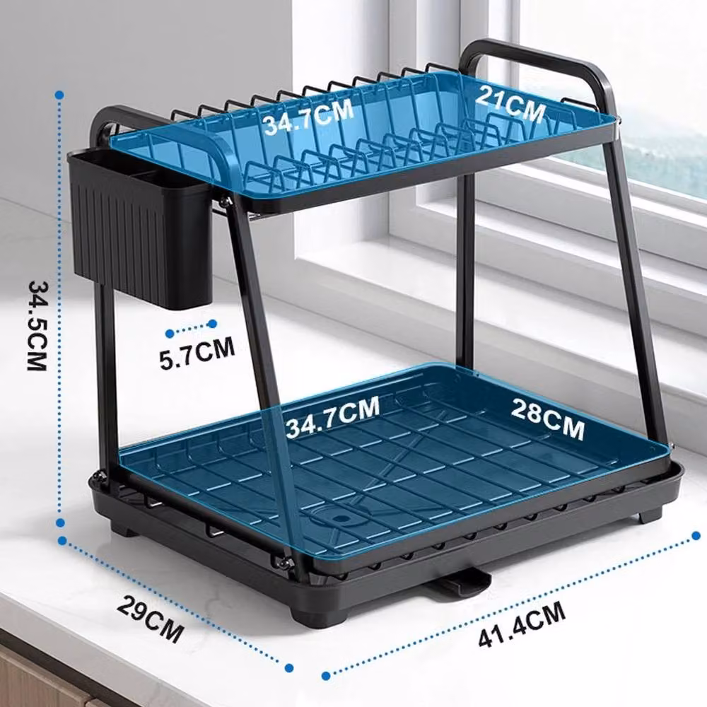 VOGREX 2-Tier Dish Drying Rack with Drip Tray and Cutlery Holder, Black – 2