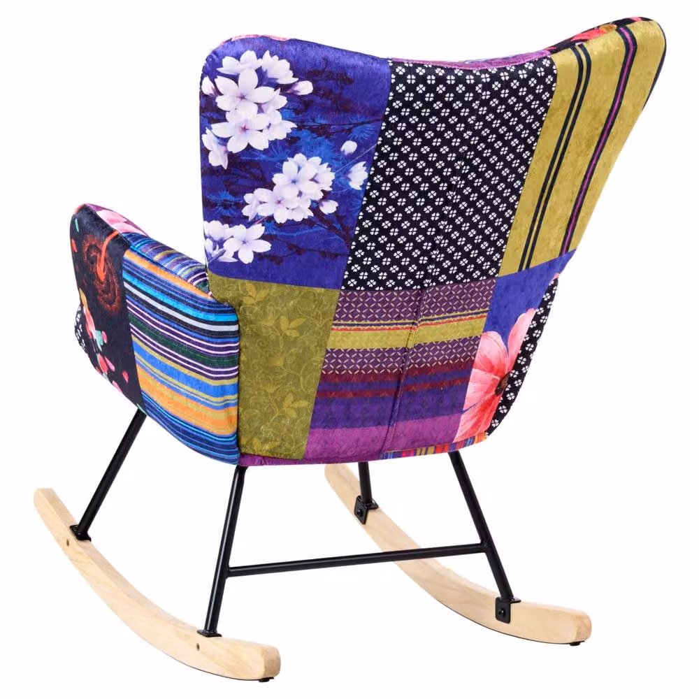Wyld and Coco Multicolour Velvet Floral Shell Rocking Chair with Armrests and Rubberwood Legs – 3