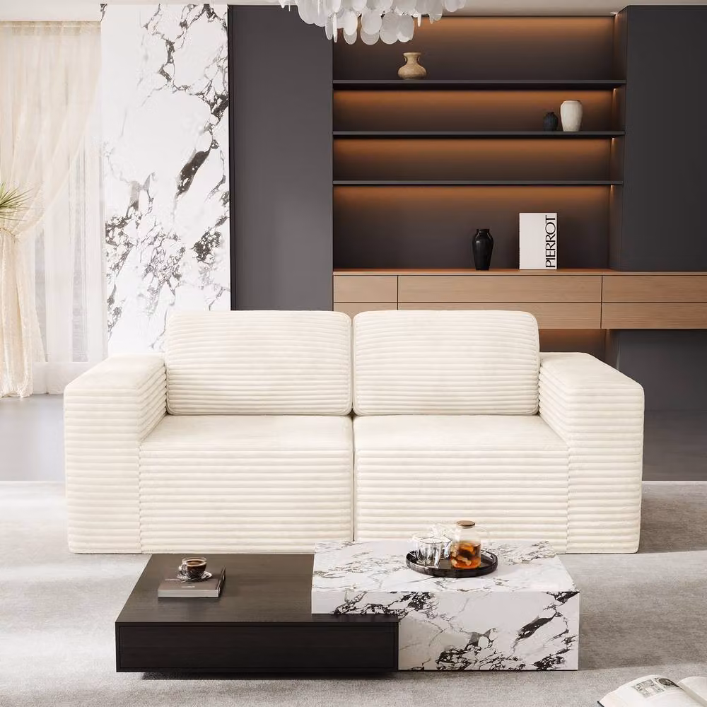 Dprodo Corduroy Modular L-Shape Loveseat Sofa in Beige with Matching Ottoman and Removable Covers, W: 202 cm, D: 101 cm, H: 82 cm – 4