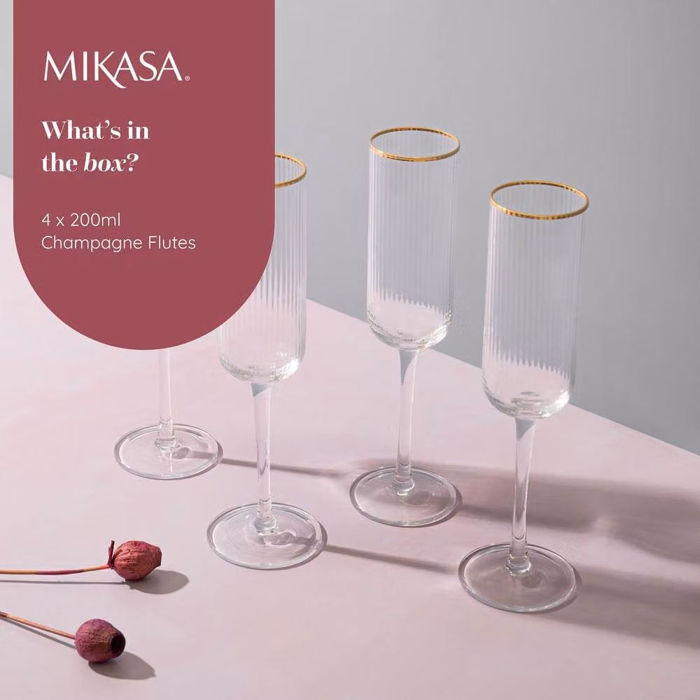 Mikasa Sorrento Set of 8 Lead-Free Crystal Champagne Flute Glasses, 200ml, Transparent with Gold Striped Detail – 4