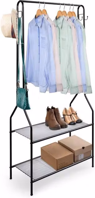 Kelvenix Modern Metal Clothes Rail with 2 Shoe Shelves in Matt Black – 1