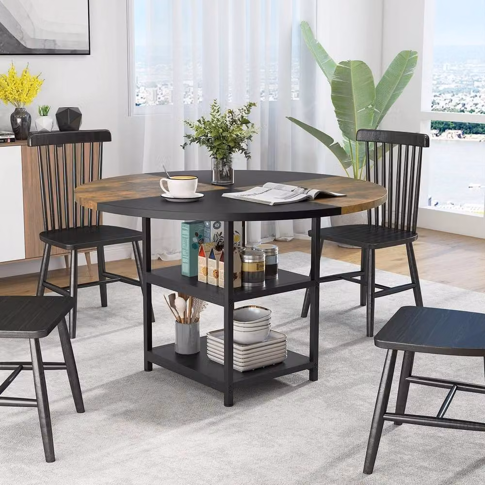 VOGREX Round Rustic Wooden Dining Table with 2 Storage Shelves in Black, Diameter: 120 cm, Height: 76 cm – 5