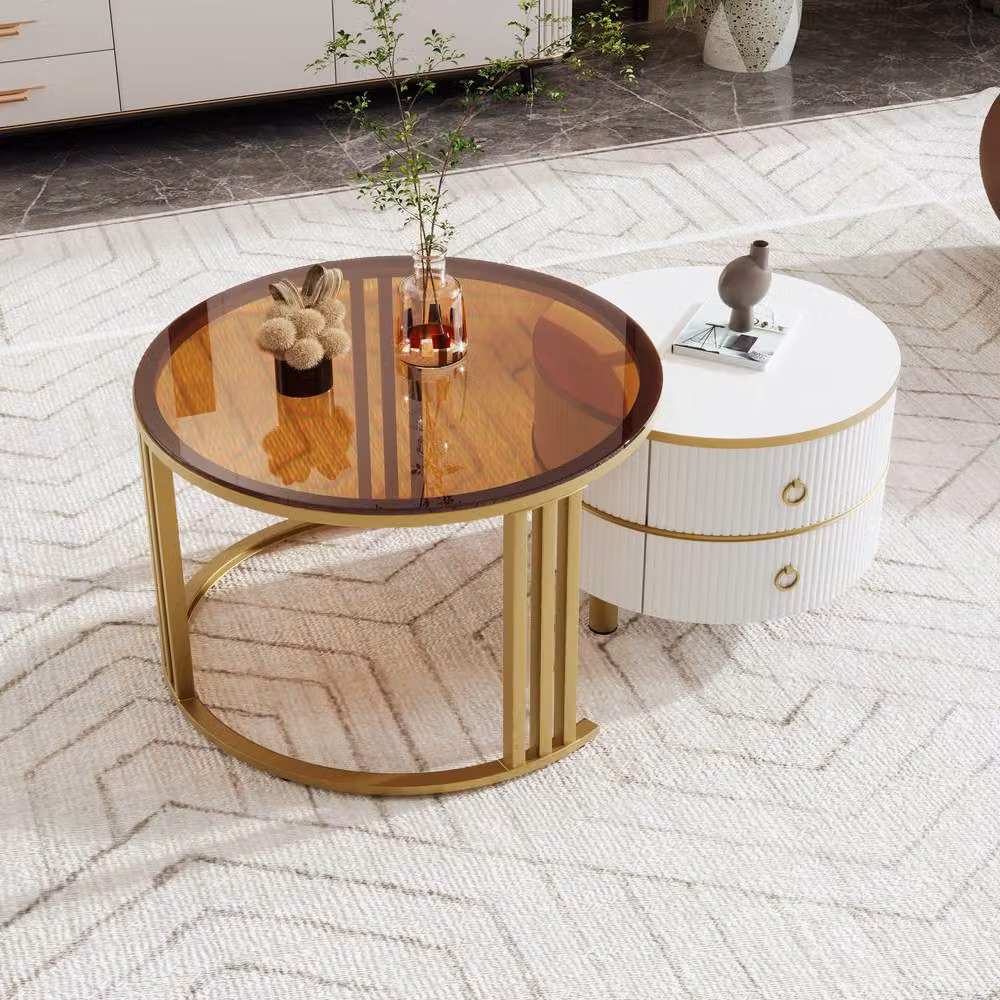 BTM Round Nesting Coffee Table Set with 2 Drawers in White and Brown – 2