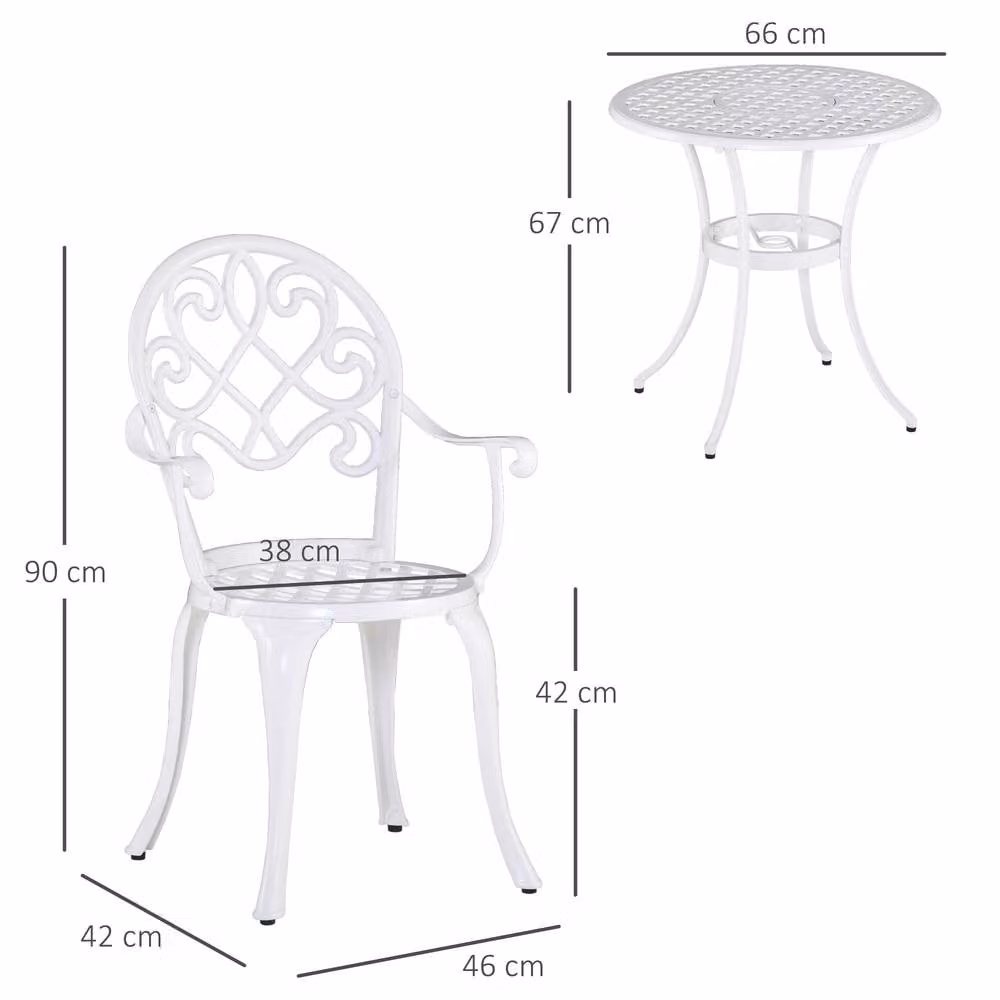 OUTSUNNY 3-Piece Garden Bistro Set with Round Powder Coated Aluminium Table and 2 Chairs in Matt White – 2