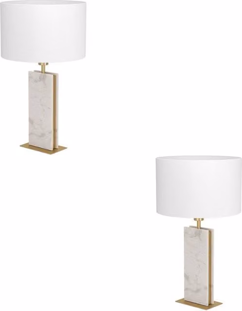 Loops 2 Pack Modern Table Lamps in Brushed Brass and White Marble with Fabric Cylinder Shades H 67 cm x W 38 cm x D 38 cm – 1