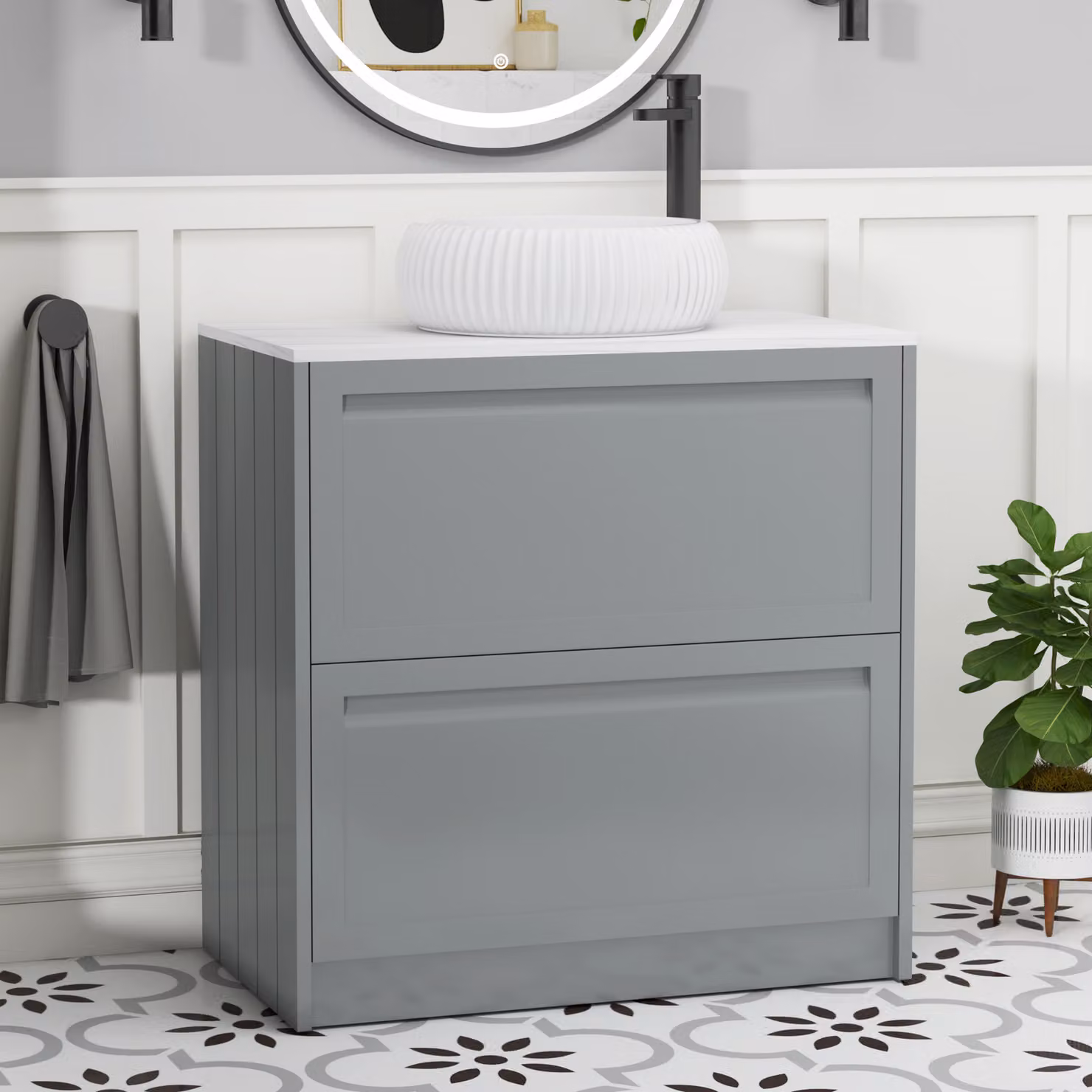 Royal Bathrooms Elmore 800mm Matt Pebble Grey Floor Standing 2 Drawer Countertop Vanity Unit with Milan Basin