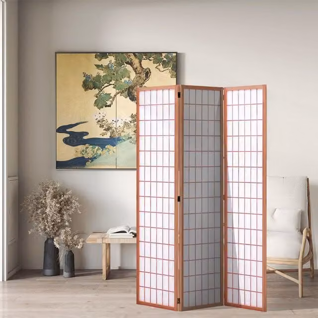Livingandhome Japanese Oriental Folding Wooden Room Divider in Brown and White, Height: 130 cm