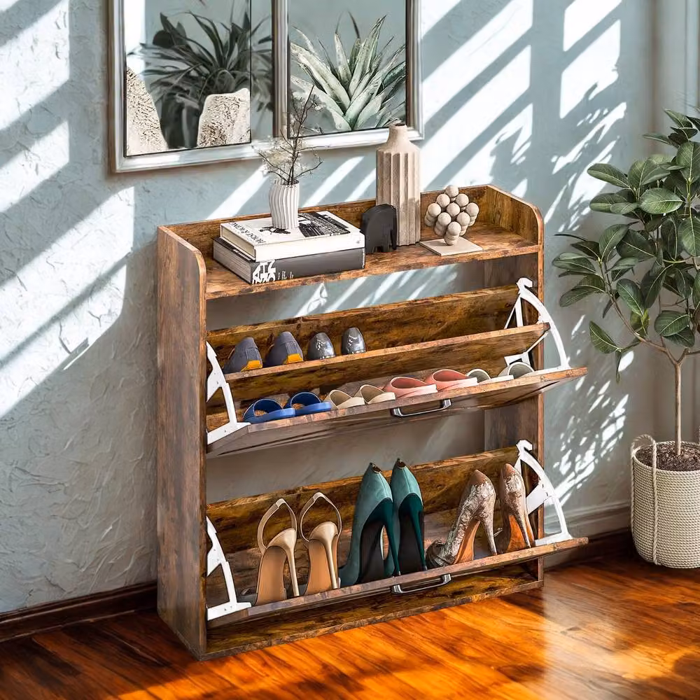FURNOS Rustic Brown Hallway Shoe Storage Cabinet with 2 Drawers and Open Shelf, W/D/H: 80 x 24 x 81.5 cm – 5
